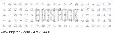 Landscapes Line Icons Signs Set. Design Collection Of Vista, Scenery, Terrain, Skyline, Meadow, Outd