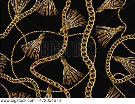 Gold Jewelry Pattern. Baroque Tassels. For Black Dress With Rope And Jewel. Ornament Scarf Or Textil