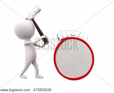 3D Man Going To Break Alarm Clock Concept