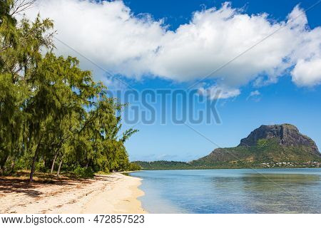 Beach At Ile Aux Benitiers Island, With Le Morne Mountain In Background, Mauritius