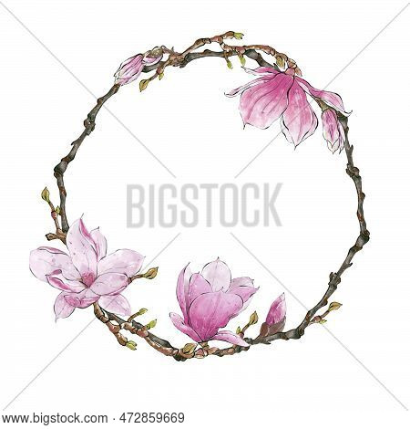 Floral Wreath, Watercolor Magnolia Flower. Gesign Element For Wedding Invitation And Greeting Card
