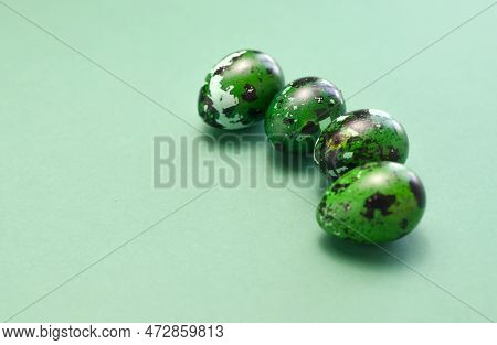 Blue Green Easter Quail Eggs On Blue Background. Minimalism. Pascha Or Resurrection Sunday, Christia