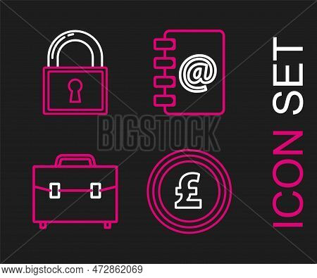 Set Line Coin Money With Pound Sterling Symbol, Briefcase, Address Book And Lock Icon. Vector