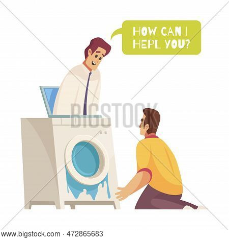 Support Call Center Composition With Helping Agent Looking Out Of Broken Washing Machine Vector Illu