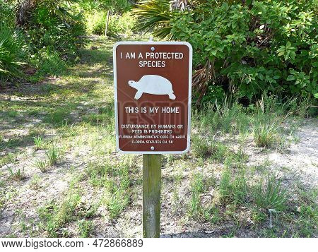 A Sign Posted In A Florida State Park Signifies Efforts To Protect The Gopher Tortoise, A Threatened