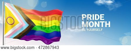 Waving Intersex Inclusive Pride Flag. Lgbtq Progress Pride Flag Waving In Wind At Cloudy Sky. Templa