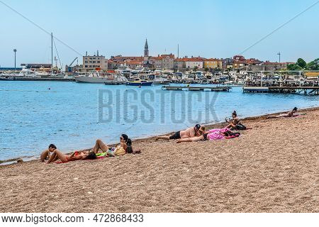 Budva, Montenegro - June 17,2021: View From Beach Greco To Dukley Marina And The Old Town Stari Grad