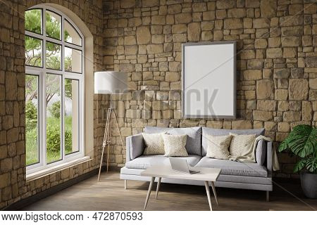 Cozy Living Room Interior In Room Corner; Sunlight Shining Trough Window; Floorlamp And Couch Table 