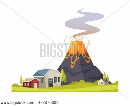 Natural Disaster Cartoon Composition With View Of Living Houses And Erupting Volcano Vector Illustra