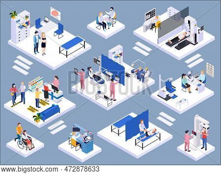 Medical Center Interior Isometric Composition With Dentist Mri Pharmacy Ophthalmologist Laboratory T