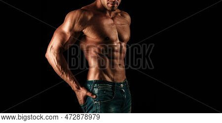 Naked Guy In Denim Jeans. Nude Male Torso. Sexy Muscular Man. Topless Muscular Fitnes Model. Sexy Na
