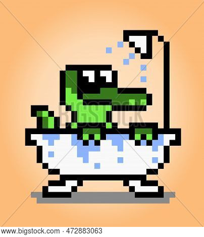 8 Bit Pixel Crocodile Taking A Bath. Animals In Vector Illustration For Retro Games