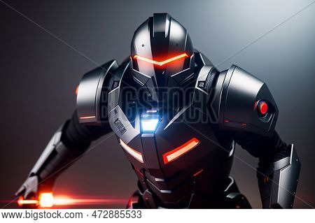 Dark Metallic Color Robot Is An Imposing And Futuristic Machine. Its Body Is Large And Muscular, Wit
