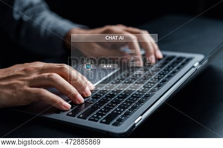 Chat Bot Intelligence Ai. Businessman Using Chat In Laptop Chat With Ai Artificial Intelligence, Dev