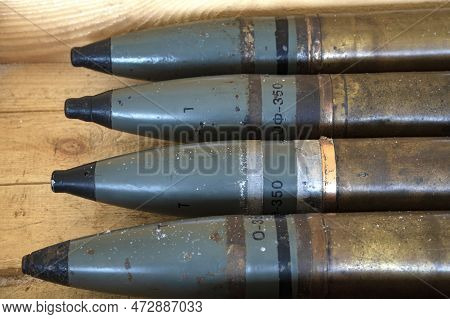 Krasnoye Selo, Russia - February 19, 2023: Old High-explosive Artillery Shells Of-350 Close-up In A 