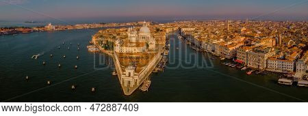 Grand Canal And Basilica Santa Maria Della Salute, Venice, Italy. Drone Aerial View Venice Italy