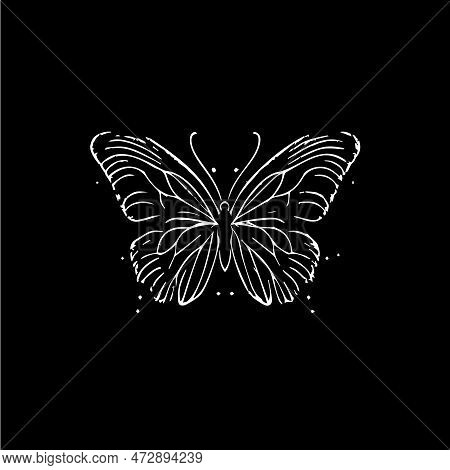Butterfly Dotwork Tattoo With Dots Shading, Tippling Tattoo. Hand Drawing Fly Insect Emblem On Black