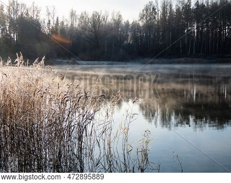 Beautiful Early Winter Morning Scenery Of Landscape Of A Lake With Evaporation Fog In Temperature Be