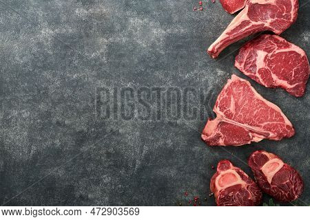 Raw Prime Steaks. Variety Of Fresh Black Angus Prime Meat Steaks T-bone, New York, Ribeye, Striploin