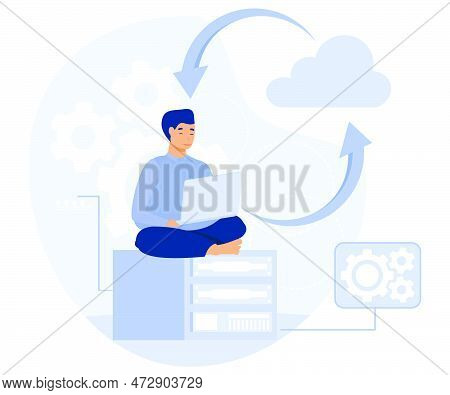 Information Management  Concept, Backup Server, Cloud Based Engine, Flat Vector Modern Illustration