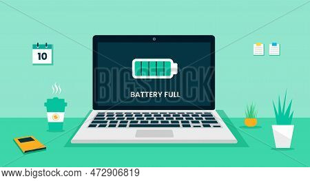 Laptop Computer Desk Battery Full Icon On Screen Concept, Vector Flat Design Illustration. Laptop De