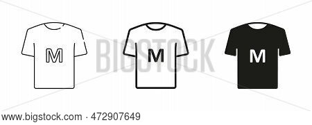 T-shirt Size Black Silhouette And Line Icons Set. Human Clothing Medium Size Label. Man Or Woman T-s