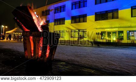 Valmiera, Latvia - February 24, 2023: Colors Of The Ukrainian Flag On The Wall Of Valmiera House Of 