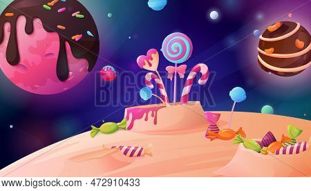 Candy Moon Solar System Landscape Background With Chocolate Planets And Lollipops In Lunar Crater Ca