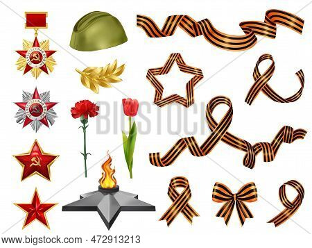 Set Of Isolated Realistic Victory Day May 9 Set With Soviet Military Medals Saint George Ribbons Vec