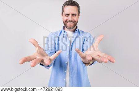 Grabbing Hands With Grab Gesture Isolated On Grey Background. Grabbing Hands With Grab