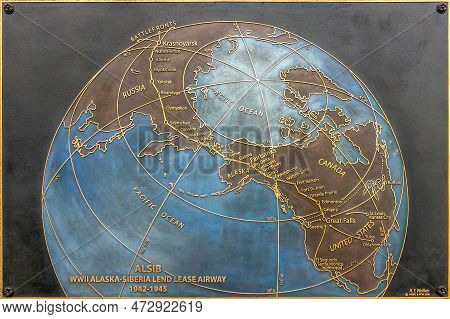 Fairbanks, Alaska, Usa - July 27, 2011: Alaska Siberia World War Ii Memorial. First Plaque Showing T