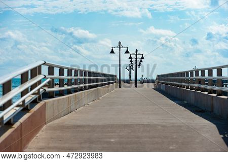 Deck Pier Promenade. Deck Pier Promenade With Street Lamp. Deck Pier Promenade Pathway.