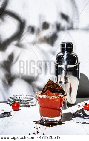 Miso Mary Alcoholic Cocktail Drink With Tomato Juice, Spices, Vodka And Nori, Japanese Version Of Bl