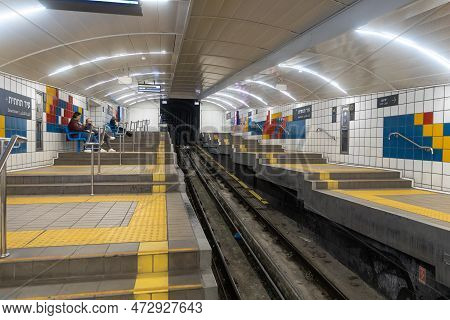 Haifa, Israel - March 08, 2023: Platform Of The Carmelite Train. Carmelite - Underground Funicular R
