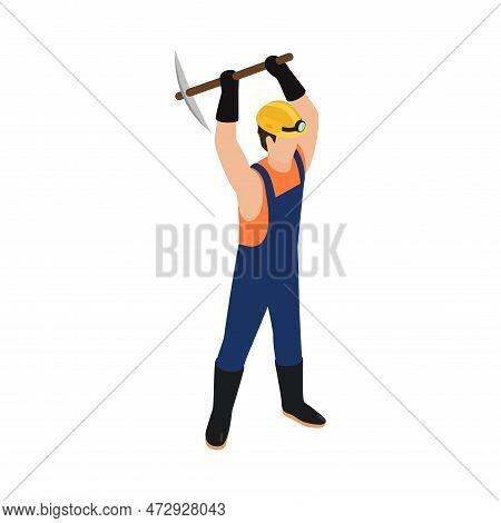 Isometric Miner Working With Mattock 3d Vector Illustration