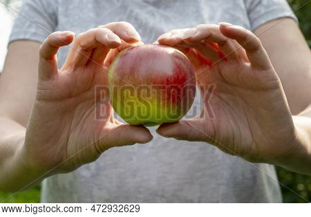 Womans Hands With Apple, Healthy And Vegan Food Concept