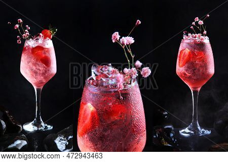Photo Collage With A Pink Cocktail. Strawberry-based Cocktail. Alcoholic Cocktail With Strawberry Sl