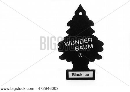 Miercurea Ciuc, Romania- 19 March 2023: Wunder Baum Black Ice Car Freshener On White Background.