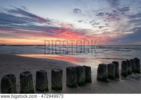 Baltic Sea Coast At Sunset. Rewal. Poland. A Close Up