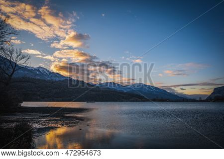 The Sunrise On Lake Toblino In The Province Of Trento In Italy. January 2023