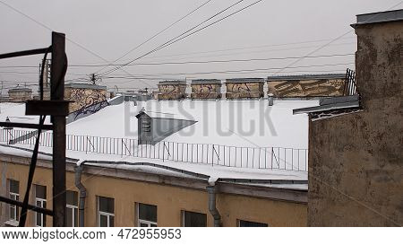 Snow On The Roof, View From The Window, Winter Cloudy Day