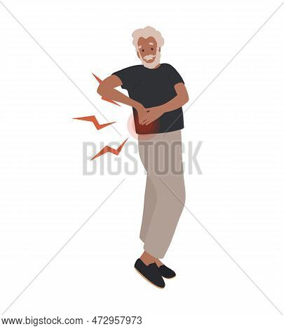 Old, Elder Black Man Suffering From Lower Back Pain. Health Problem, Disease Symptoms And Unhealthy 