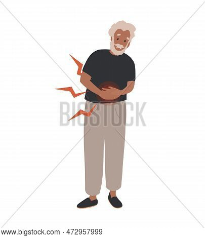 Black Old, Elder Man Suffering From Abdominal Pain. Health Problem, Disease Symptoms And Unhealthy B