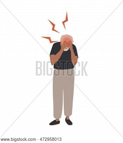 Old, Elder Black Man Suffering From Headache. Health Problem, Disease Symptoms And Unhealthy Body Si
