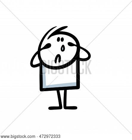 Small Boy Crying Hand Drawn In Children Cartoon Style.