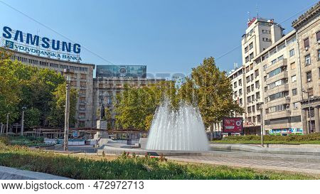 Belgrade, Serbia - August 06, 2017: Samsung Sign At Office Building Nikola Pasic Square Summer Day C