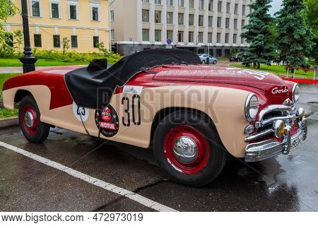 Nizhny Novgorod, Russia - June 15, 2020: Classic Soviet Car Exhibition. Customized Beige And Red Gaz