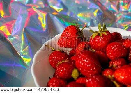 Strawberry Festival. Close-up Cropped Bowl Of Ripe Red Strawberries On Modern Hologram Background. F