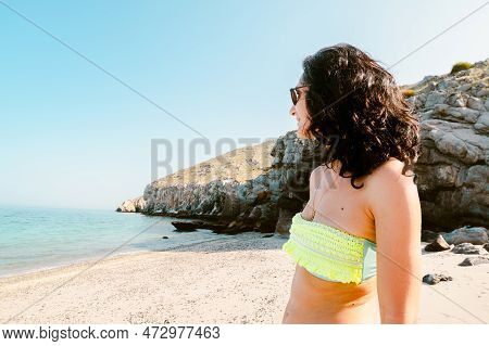 Close Up Portrait Tourist Woman In Bikini Stand On White Sand Beach Viewpoint Smile In Persian Gulf 