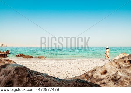 Panorama Attractive Caucasian Tourist Woman In White Bikini Walk On White Sand Beach Alone Explore M